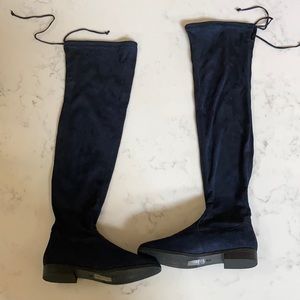Blue velvet over the knee boots